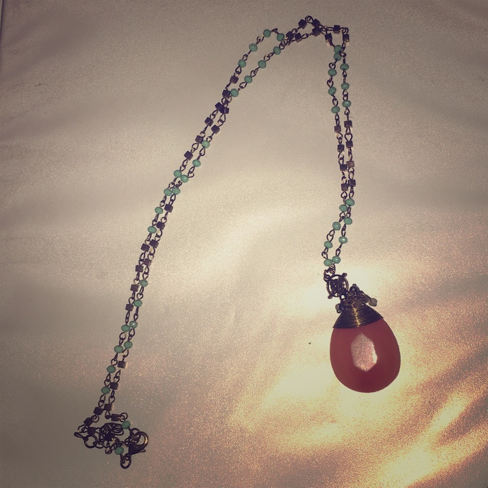 Pink stone necklace with teal beads